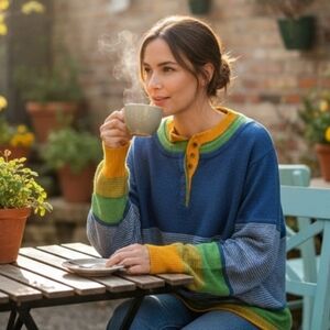 Earthy Tone Summer Sweater Henley Style Metal Buttons Xxl Acrylic Poly Elastane